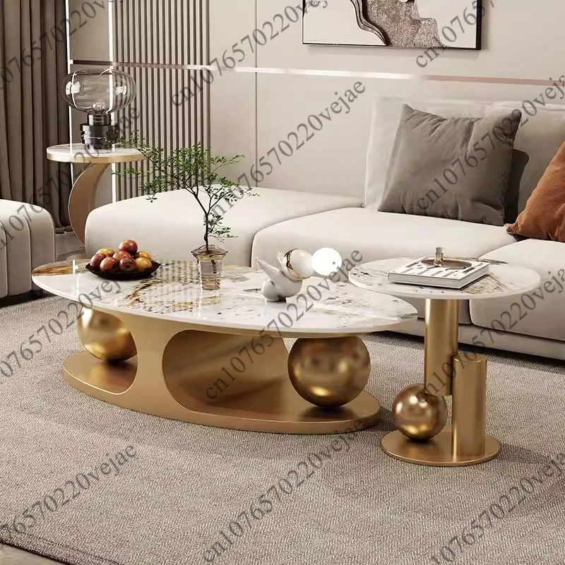 Italian Bright Rock Plate Coffee Tables Nordic Living Room Furniture Home Iron Art Corner Table Light Luxury Oval Side Table Set