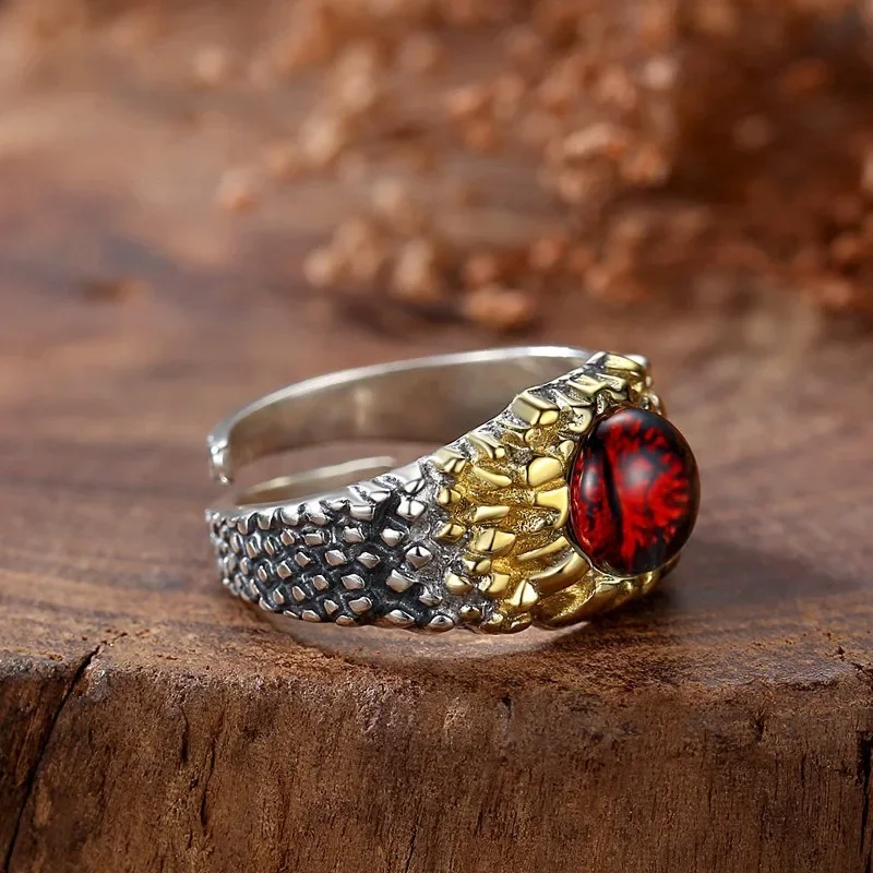 Thai Silver 925 Mens Rings Vintage Punk Style Hip Hop Pythons Snake Eye Unique Crafts Red Ring Opening Adjustable Fine Jewelry