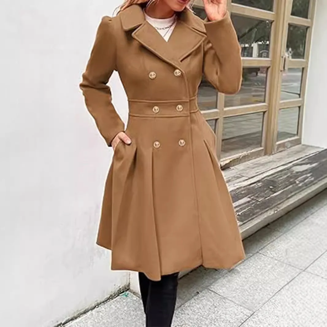 Spring Women's Thick A-Line Pea Coat with Pockets And Lining Gap Lapel Double Row Button New Clothing