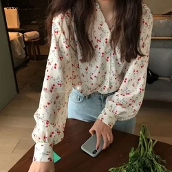 Blouses Women Elegant Floral Ulzzang V-neck Chic Autumn Ladies Clothes Top Long Sleeve Lovely Simple Sweet Popular Womens Blusas