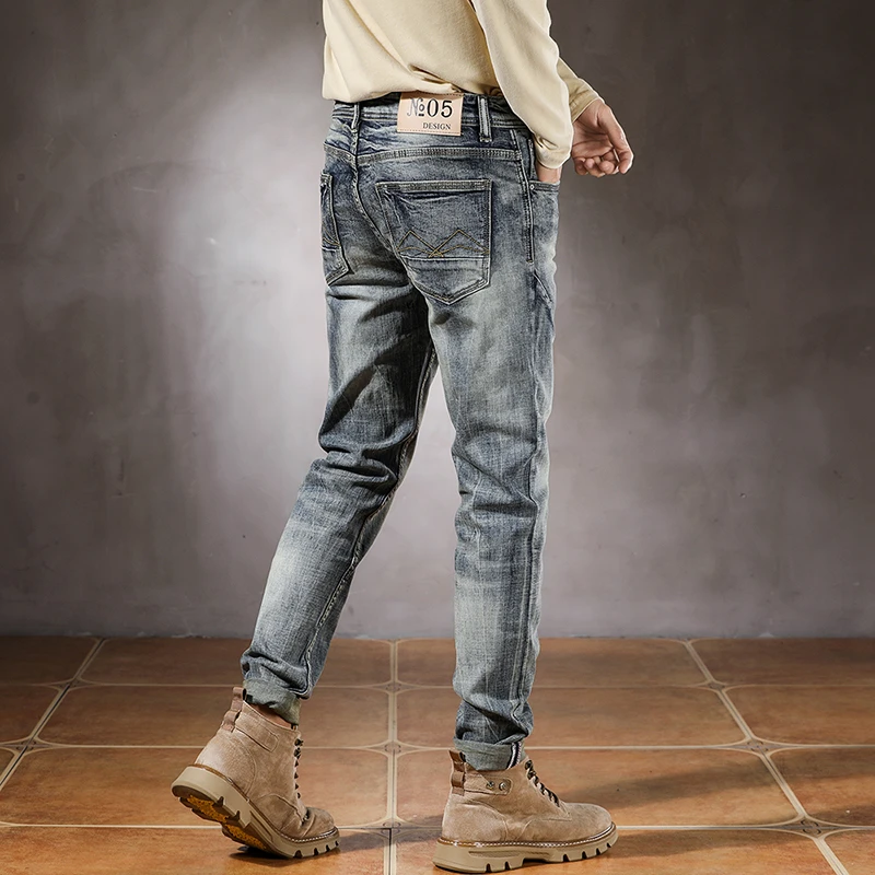 2025 Spring Autumn Trendy Ripped Hole Distressed Washed Denim Jeans for Men American Vintage Casual Slim Fit Stretch Pants