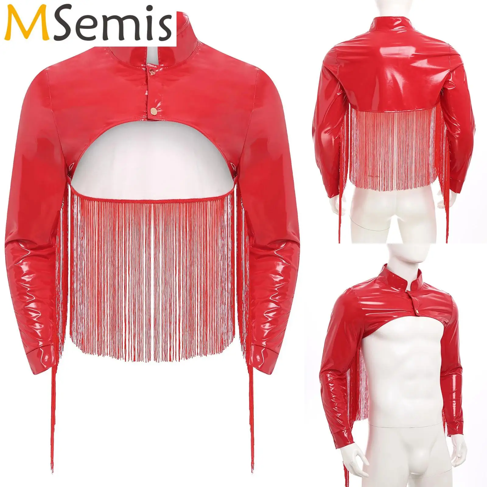

Mens Patent Leather Fringed Latex Jacket Rave Party Music Festival Wet Look Crop Top Nightclub Stage Performance Costumes