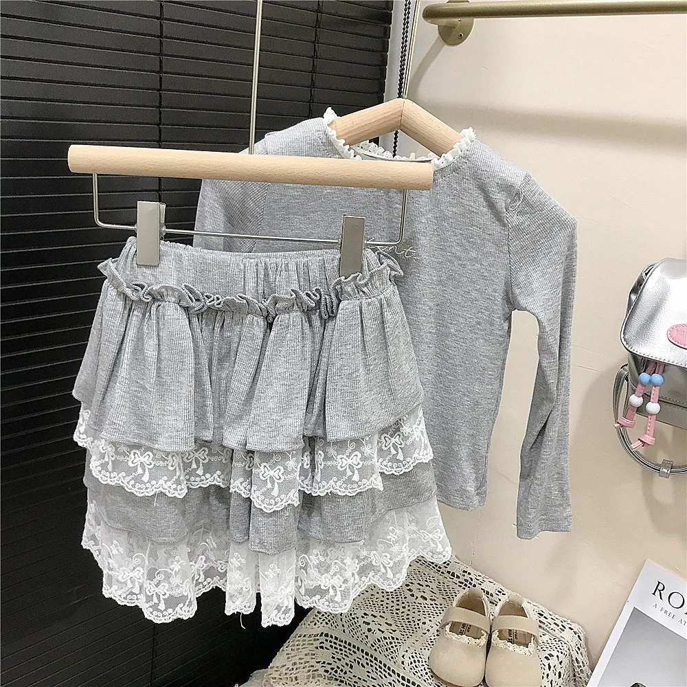 

2025 Spring Autumn Babys Girls 2PCS Clothes Set Cotton Letter Soft Long Sleeves Outfits Lace Hem Cake Skirts Toddler Girls Suits
