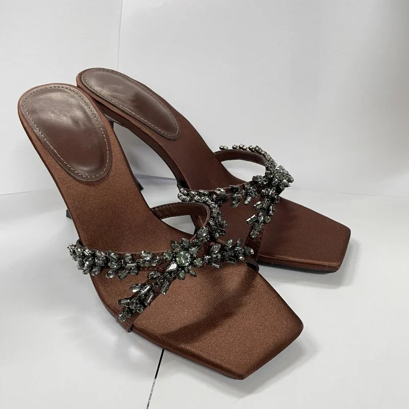 

New Summer Women's High Heel Sandals Cross Rhinestone Square Head Open Toe Sandals Silk Sexy Stiletto High Heels Mules W81