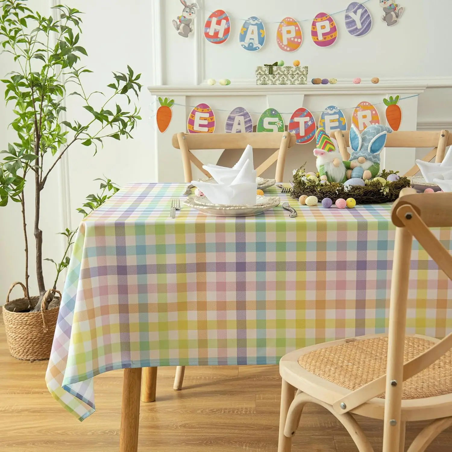 

Gingham Easter Tablecloth Fabric - Colorful Oblong 58x120 Water Resistant Farmhouse Plaid Table Cloth for Indoor/Outdoor