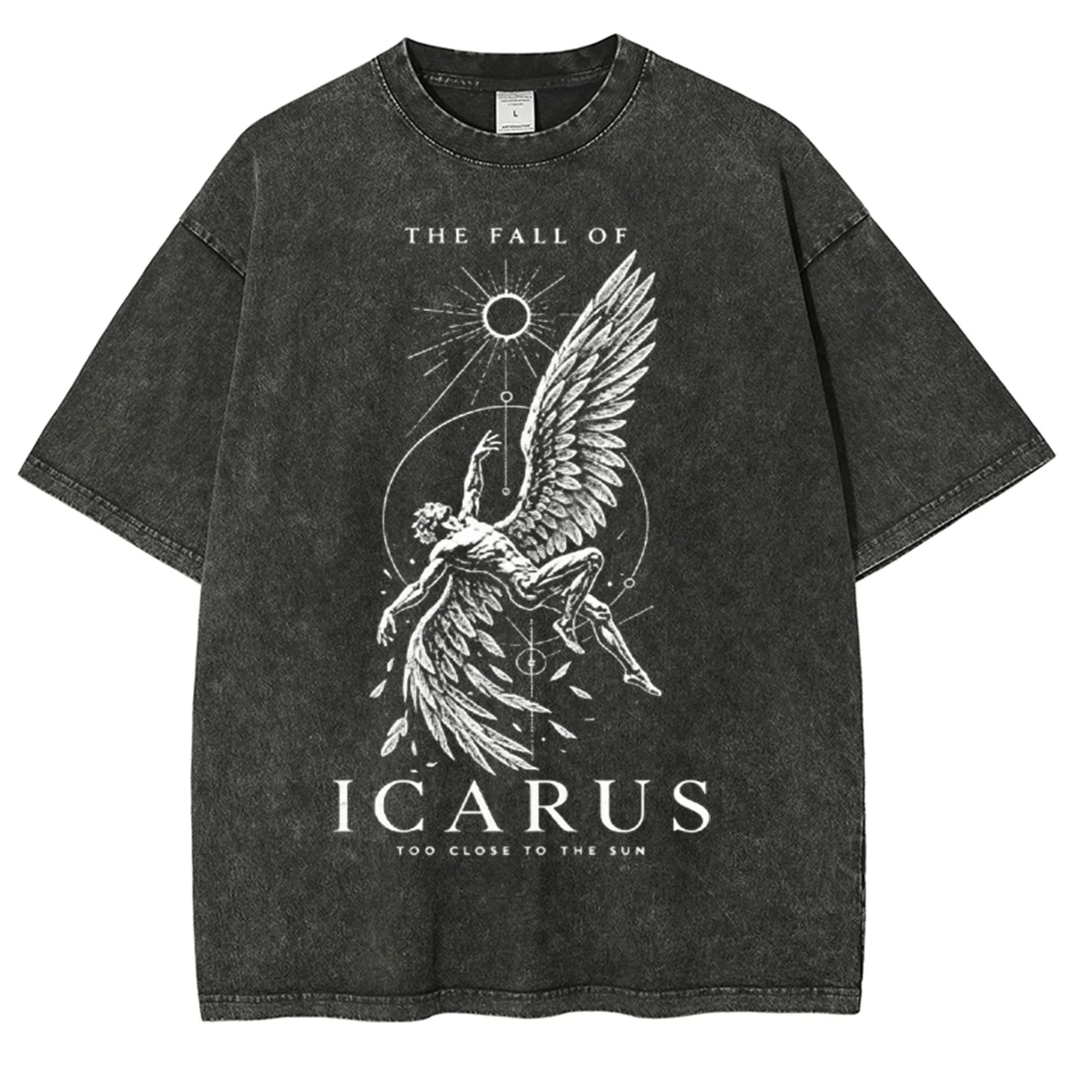 Lcarus Fall Graphic T-Shirt Too Close To The Sun Mythology Print Short Sleeve Tee Casual Loose Fit Tops for Men Daily Streetwear