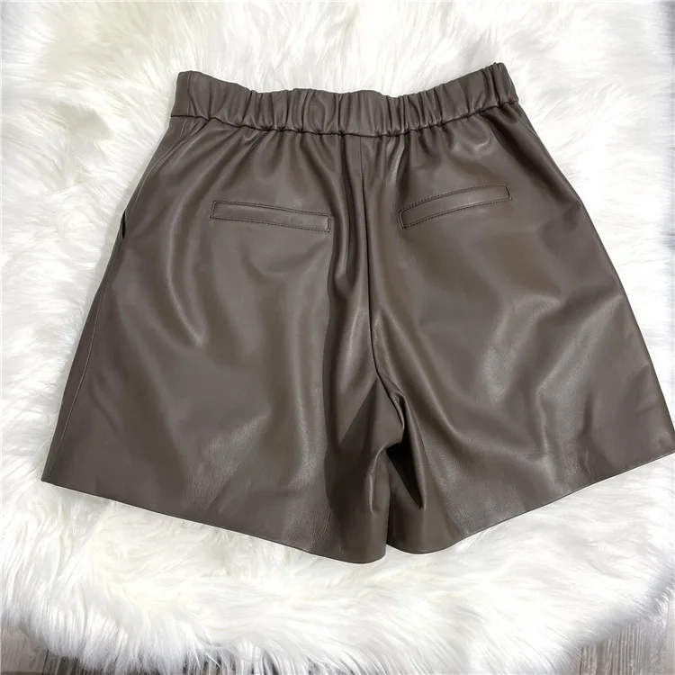 2024 New Genuine Sheepskin Leather Pants Versatile Diagonal Pocket Wide Leg Shorts E37