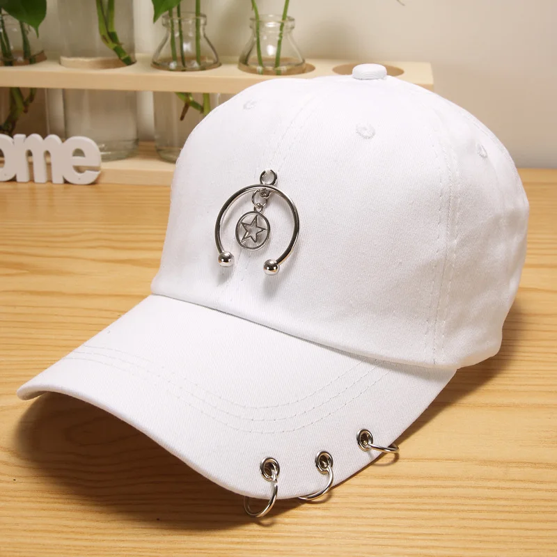 

Unisex Punk Piercing Ring Snapback Cap Gothic Metal Detail Adjustable Cotton Baseball Hat for Alternative Style
