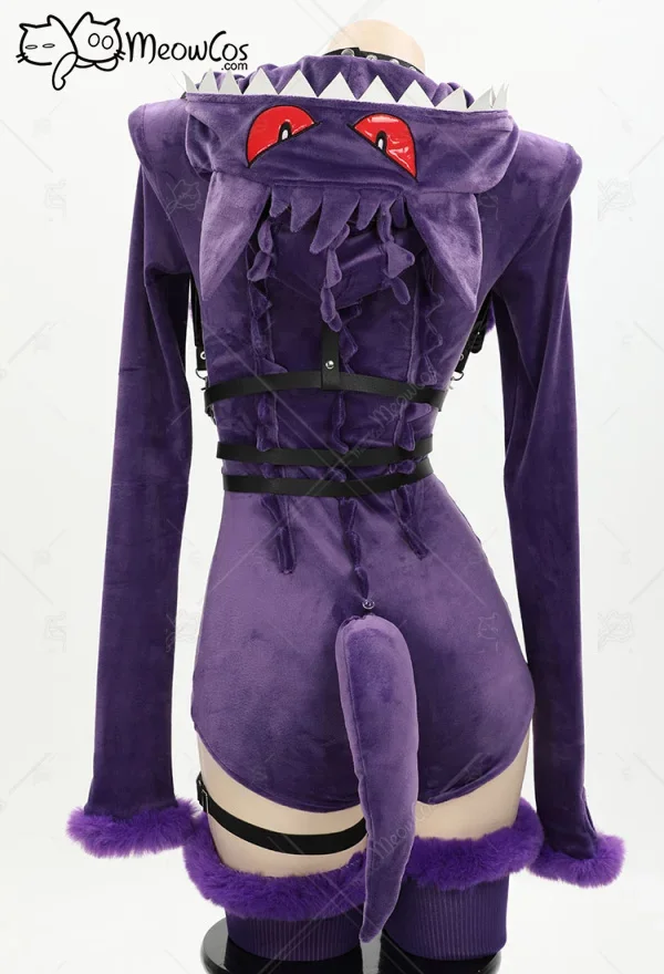 Meowcos Frauen lila Geist Cosplay Kostüm Halloween lila sexy Stram pler Bodysuit Plüsch Kapuze und Socken mit Gürtel und Schwanz