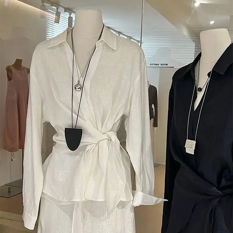 Dames linnen Irt losse lange Sve knoop taille ontwerp klassiek woon-werkverkeer Sle casual losse top comfortabel ademend