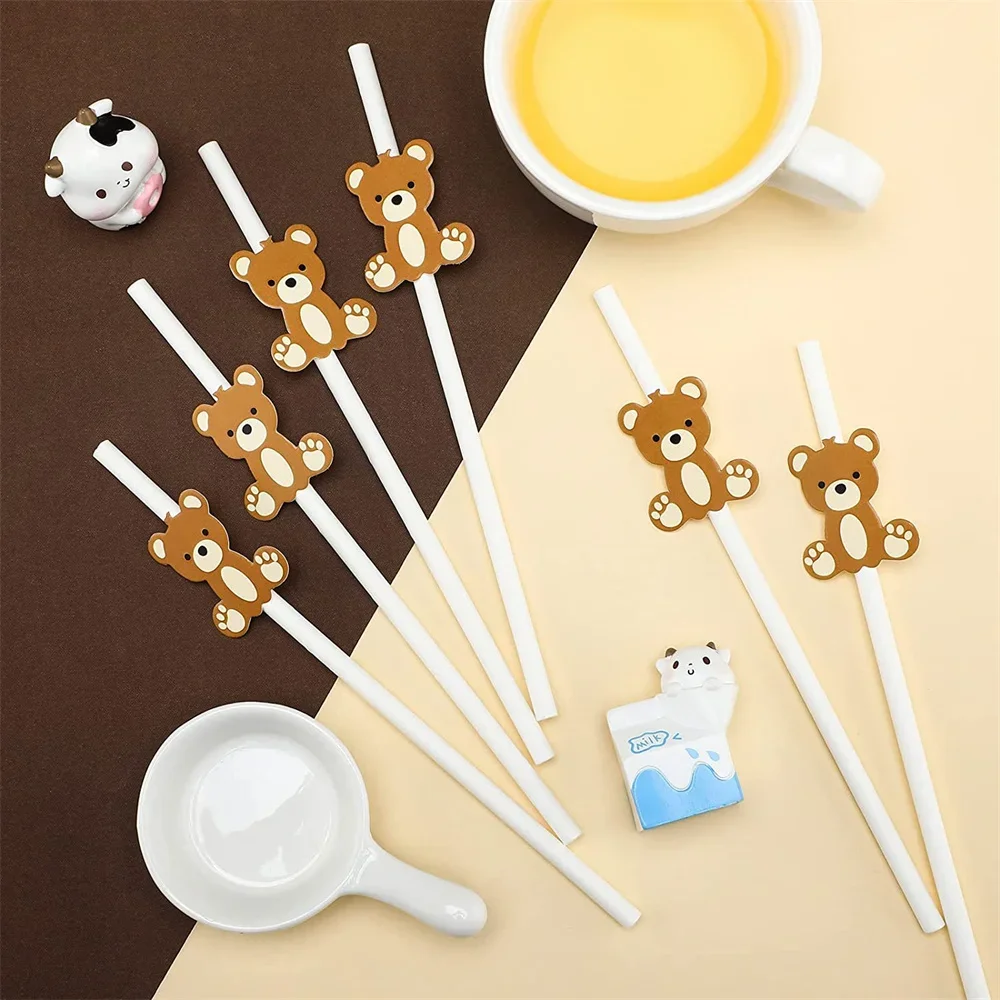 20PCS Bear Paper Straws Little Cutie  White Brown  Disposable Drinking   for   Baby Shower Decor