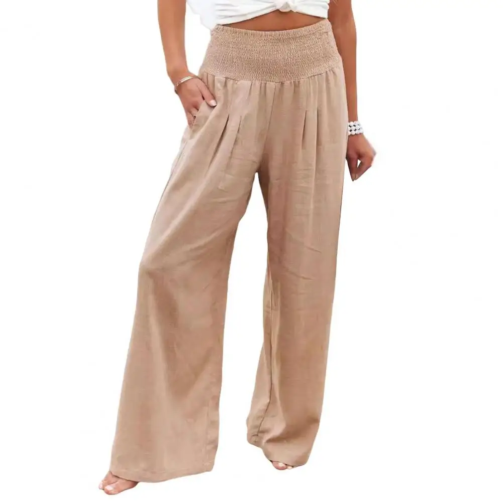 Calça de perna larga feminina com bolsos elásticos na cintura, calça ajuste solto, casual, versátil, elegante, primavera, verão