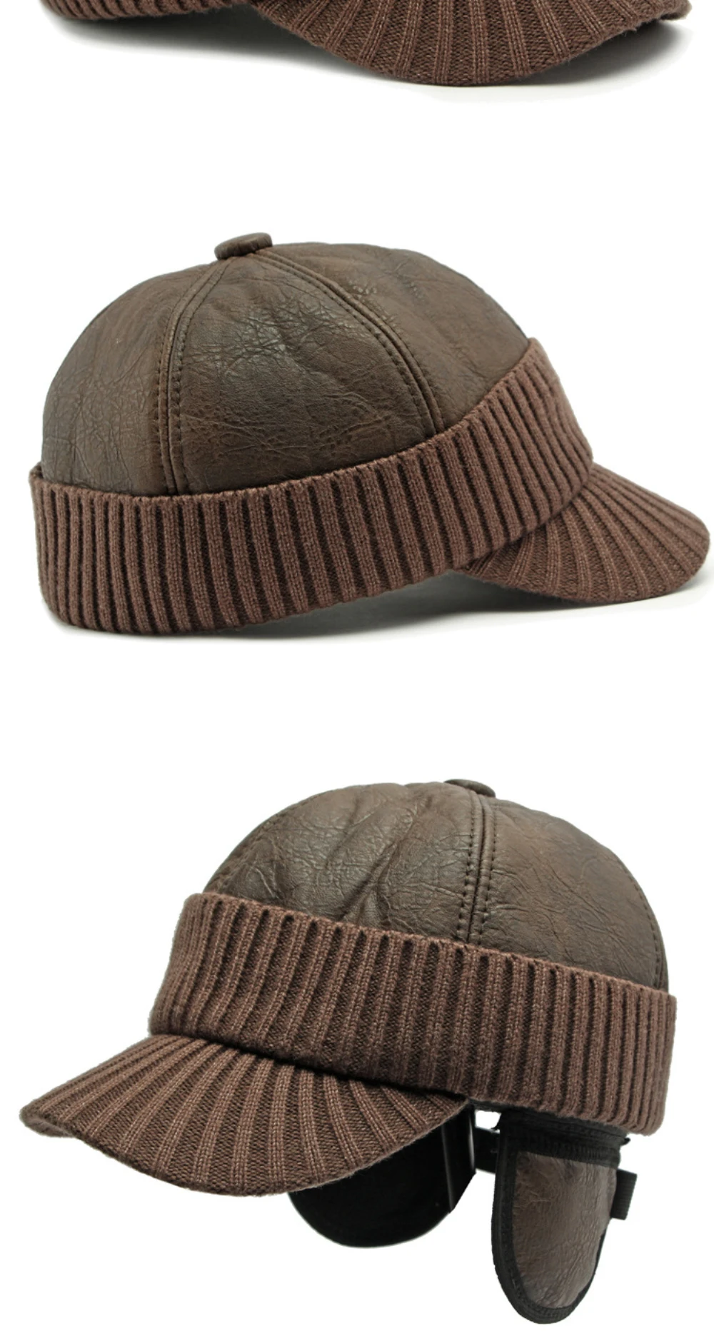 HT4542 Hohe Qualität PU Leder Kappe Dicke Warme Winter Baseball Kappe Männer Baseball Hüte Snapback Earflap Cap Papa Hüte mit Ohrenklappe – Detail 10