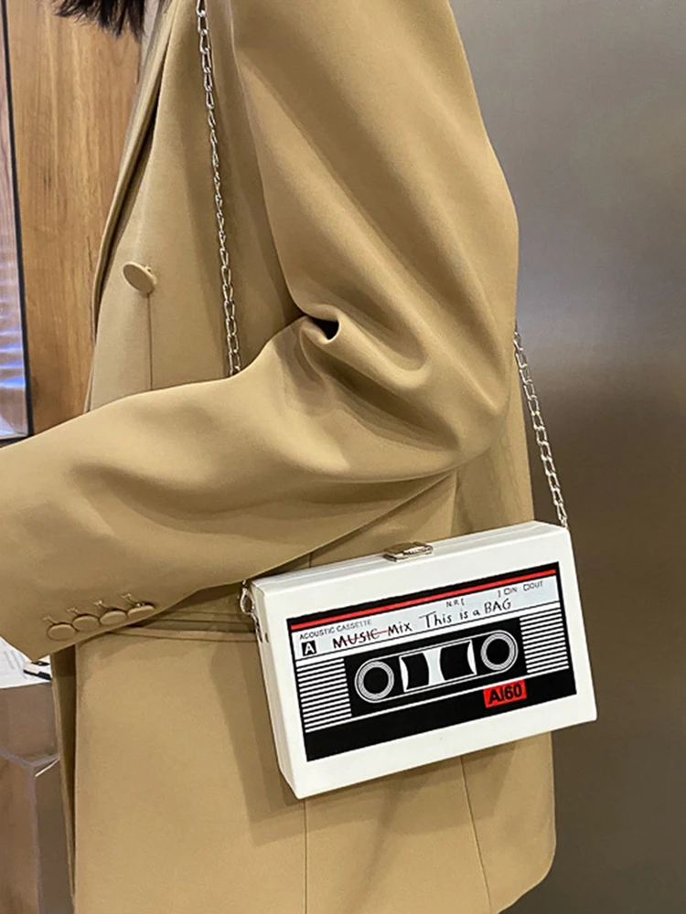 Women Cute Sling Bag Radio Shape Mini Chain Purse PU Leather Tape Recorder Print Ladies Daily Commute Bag