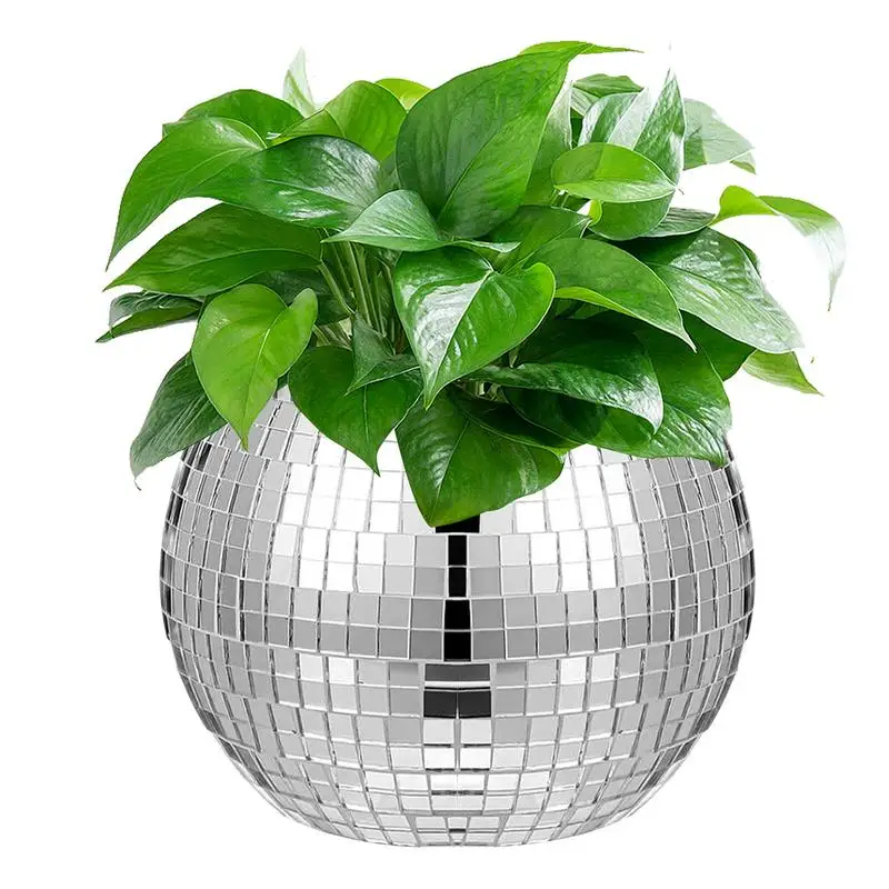 Disco Ball Flower Pot para decoração de casa, vidro espelho de prata, plantador, suporte de bola, decoração do plantador