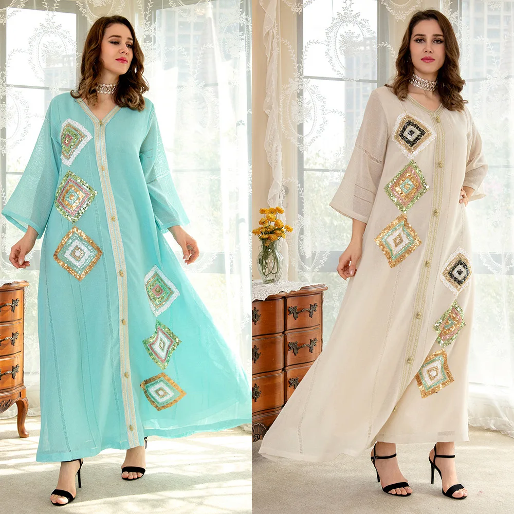 

Muslim Abaya Cotton and Linen Elegant Four-sided Beads Embroidered Skirt Loose Version Fashion Robe