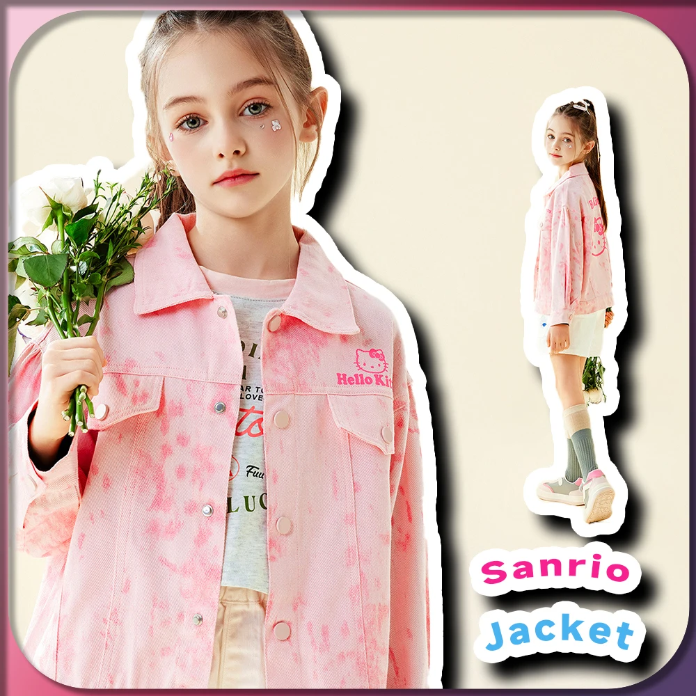 

Kawaii 2024 New Hello Kitty Kids Thin Pink Tie-dyed Denim Jacket Sanrio Anime Girls Clothes Cute fashion Coat Long-Sleeves Top