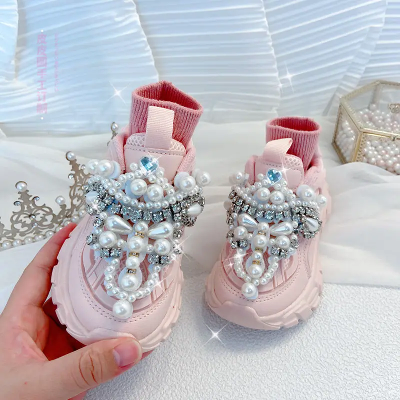 Rhinestone Kids Sneakers Girls Spring Fashion Casual Running Sports Trainers Brand Breathable Children Pearl with Diamond Flats