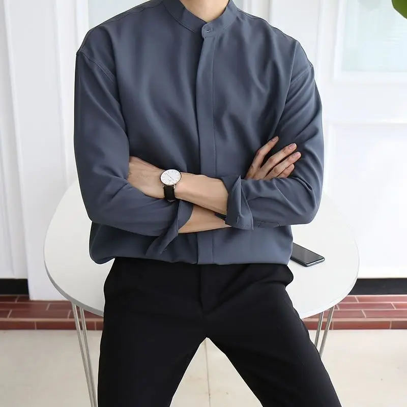 High-end Gray-blue Stand-up Collar Shirt for Men Very Elegant Drapey Korean Style Spring Autumn Casual Shirt with Mature Style.