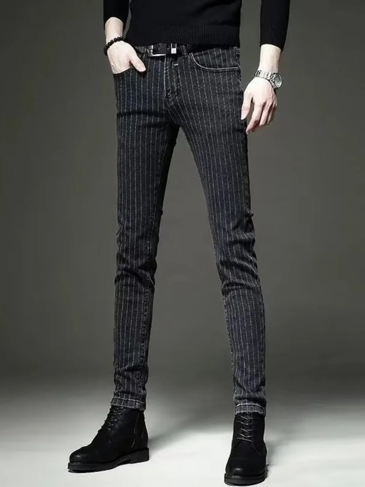High-End Fashion Men's Slim Fit Stripe Jeans Korean Style Casual Long Trousers Autumn Winter New Arrival Cotton Stretch Denim