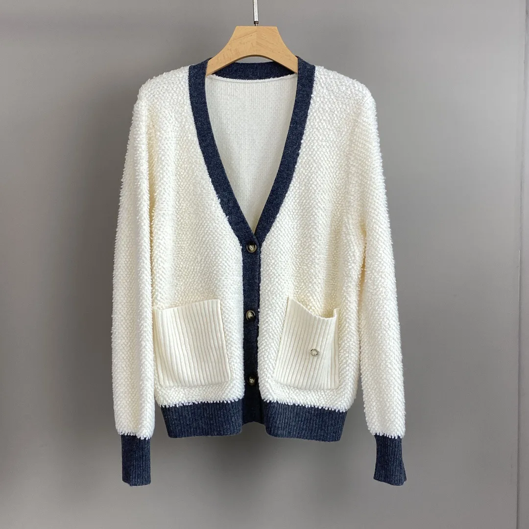 Damski Jesienno-Zimowy Nowy Kaszmirowy Kardigan w Blokach Kolorów, Luźny Sweter-Płaszcz z Dekoltem w Serek i Kieszeniami