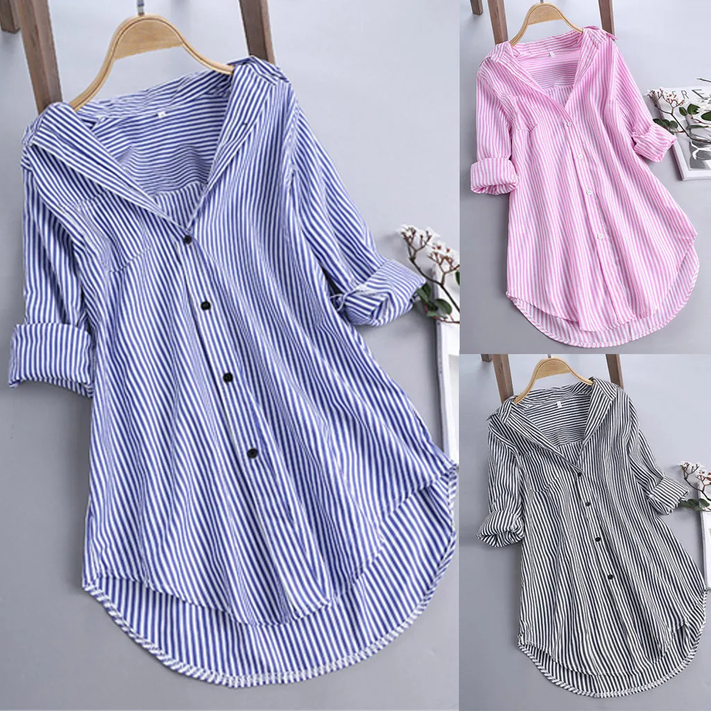 

Women Shirt Long Sleeve Loose Print Blouses Striped Single Breasted Pocket Shirts Ladies Button Lapel Tops Leisure Autumn