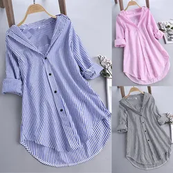 Women Shirt Long Sleeve Loose Print Blouses Striped Single Breasted Pocket Shirts Ladies Button Lapel Tops Leisure Autumn