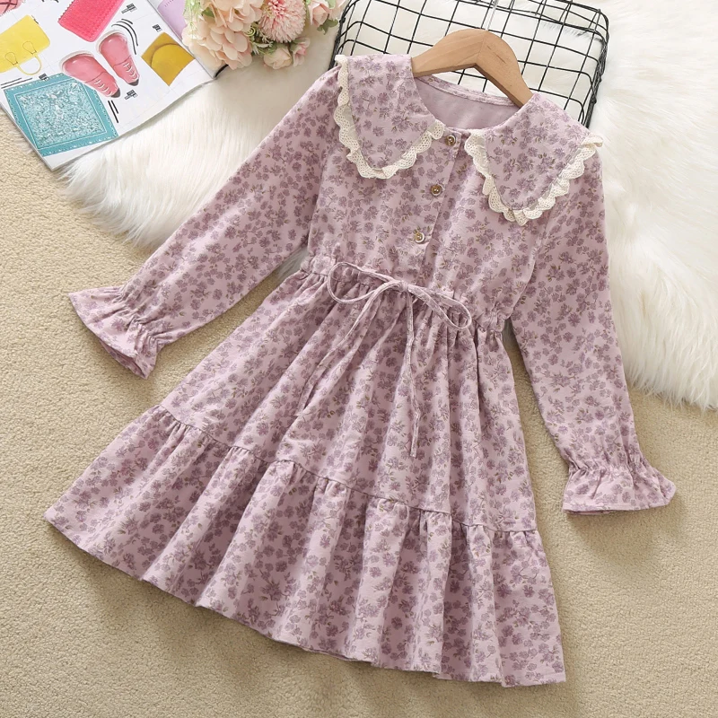 Autumn Spring Baby Girls Dresses Long Sleeve Chiffon Floral Print Dresses Cute Family Holiday Beach Clothes 4 6 8 9 10 12 Years