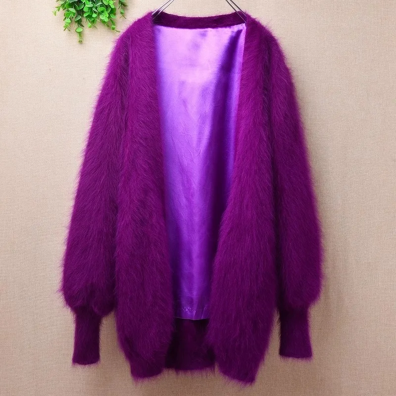 Female Women Spring Autumn Clothing Hairy Mink Cashmere Knitted Long Lantern Sleeves Loose Mantle Cardigan Angora Jacket Sweater