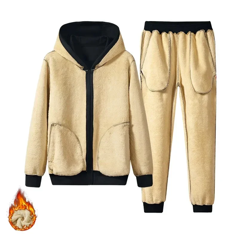 Winter Lambwool Tracksuit Men Thickened Warm Casual Men's Fleece Hooded Cardigan Pants Two-piece Sets Sports Suit Man Sportwear