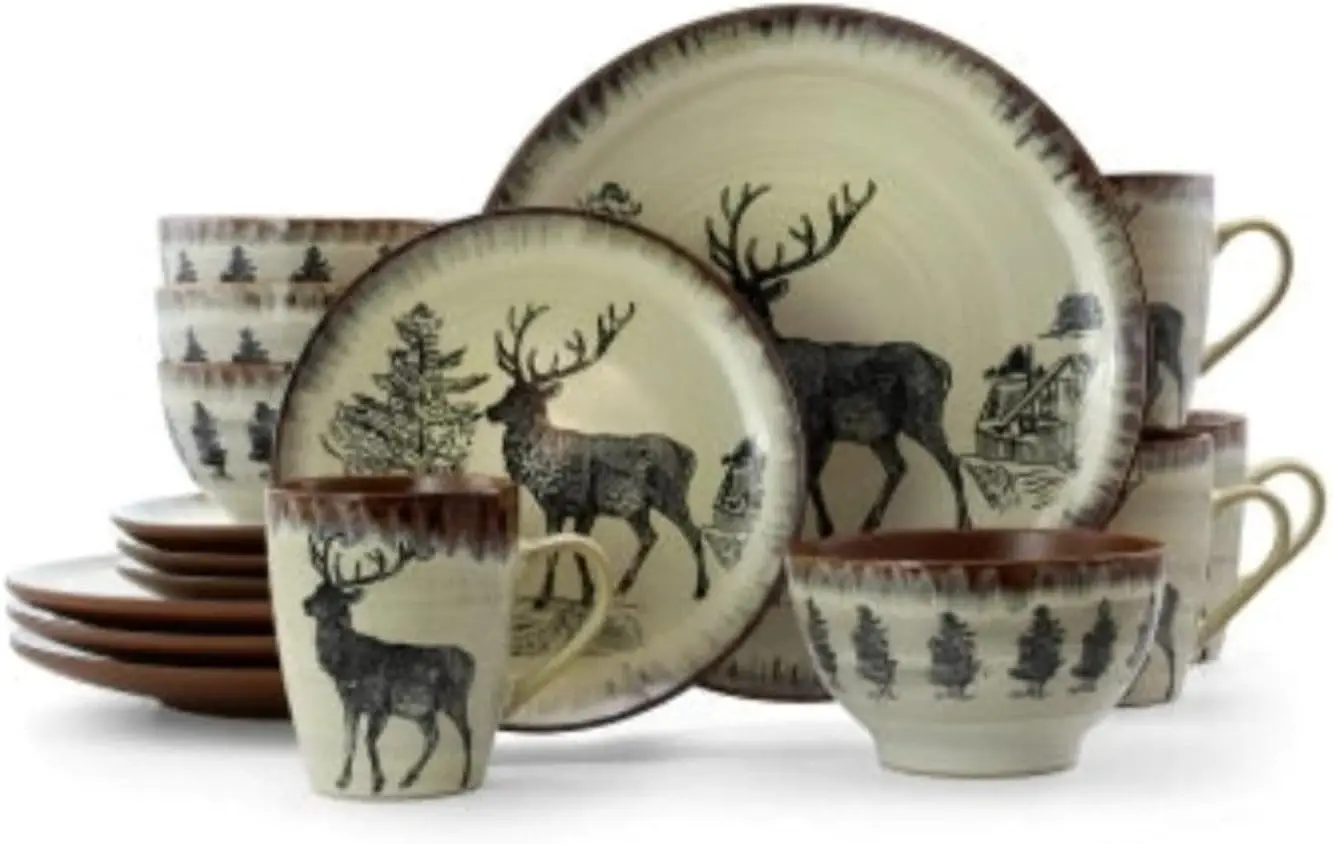 

Majestic Elk 16 Piece Round Stoneware Dinnerware Set in Taupe
