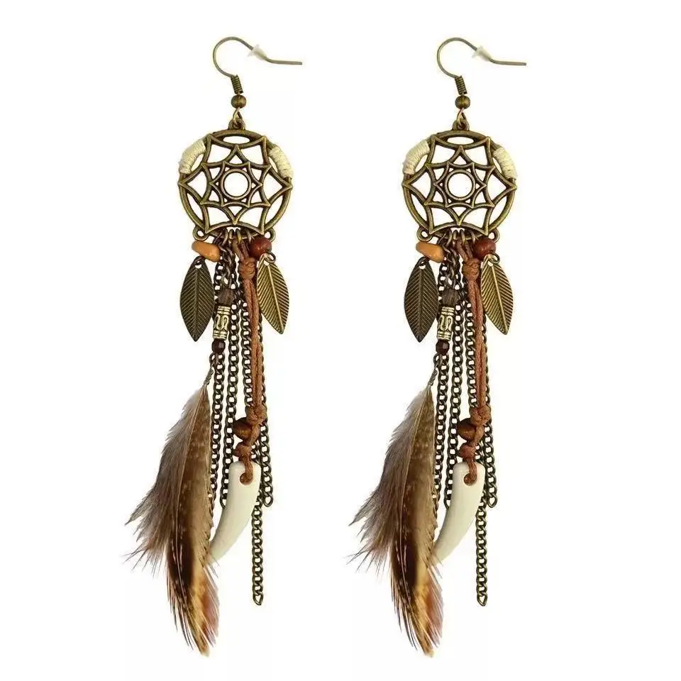 Vintage Dream Catcher Feather Leaf Long Tassel Dangling Earrings Women Vacation Jewelry