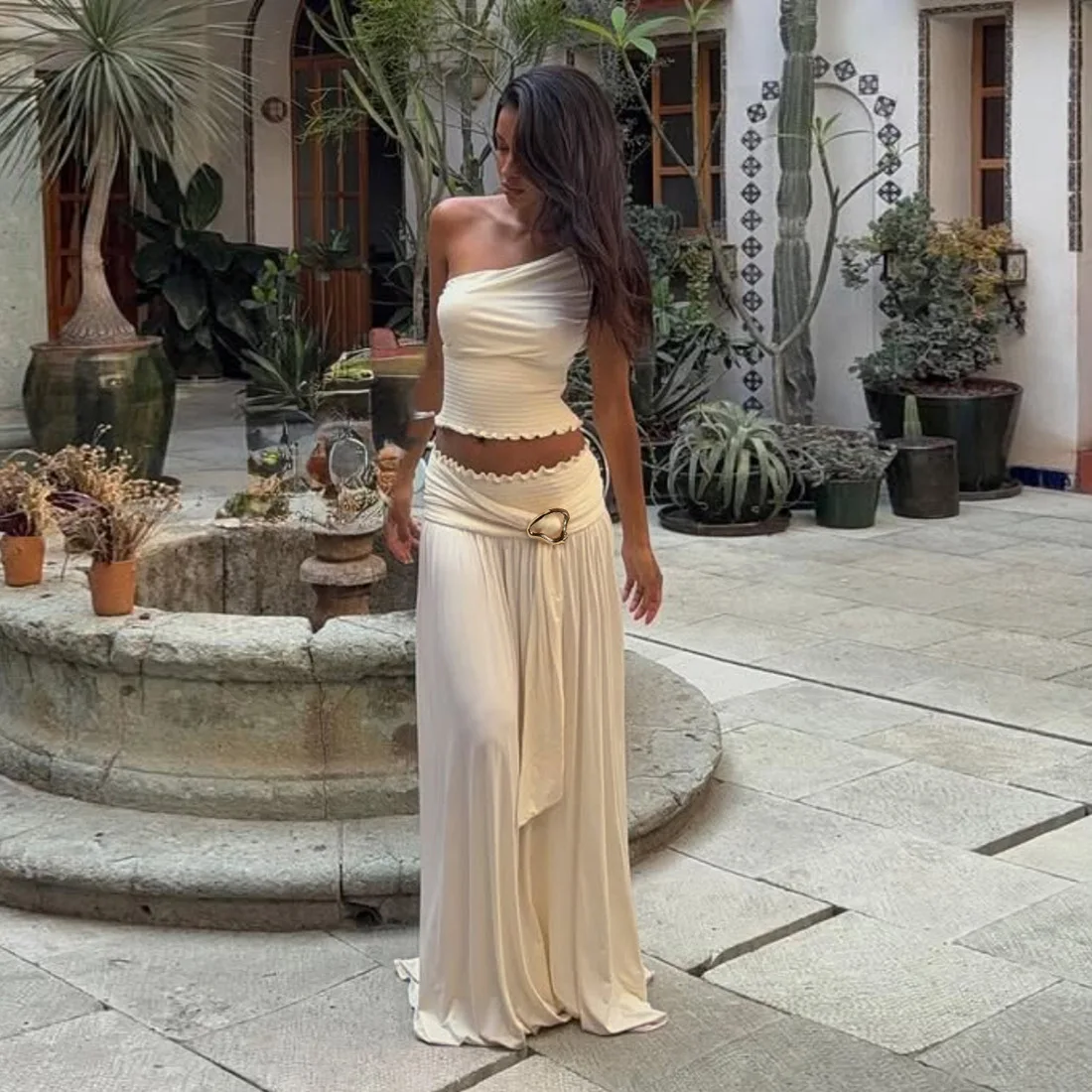 

Women Solid Shirring 2 Piece Set One Shoulder Sleeveless Tank Crop Tops + Metal Buckle Ribbon Pleated Maxi Skirts Holiday Suits