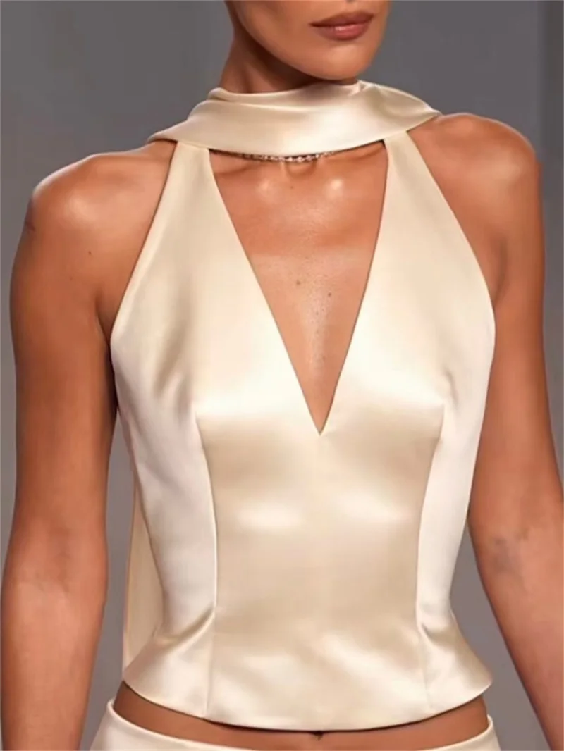 Sexy Beige Satin Prom Dress With Scarf Sleeveless Backless 2 Pcs Skirt Set Party Gown Formal Wedding Guest Birthday Evening Robe view 3
