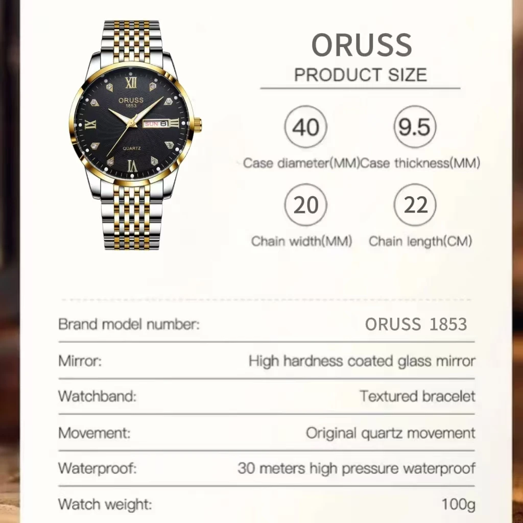 ORUSS оригинальные мужские часы из нержавеющей стали с двойным календарем, водонепроницаемые светящиеся роскошные золотые часы, модные кварцевые мужские наручные часы, новый бренд