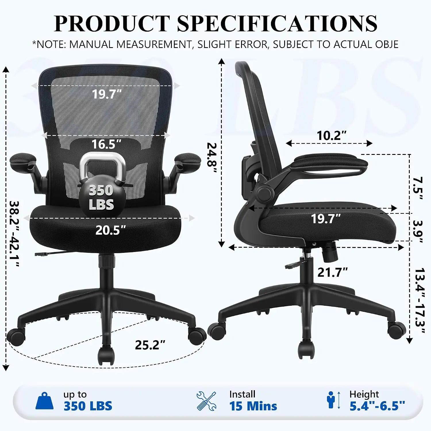 Ergonomic Mesh Office Chair with Lumbar Support, Adjustable High Back, Flip-up Armrests, Swivel Computer Desk Chair, Black view 3