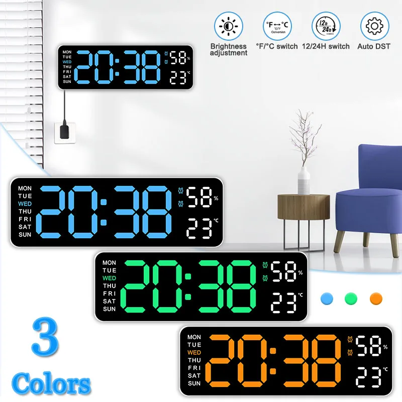 

Digital Wall Clock Large LED Temperature Humidity Display Electronic Alarm Clock Home Decor 12/24H Auto Dimmer Table Clock