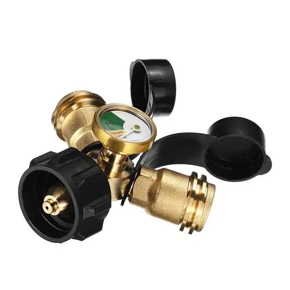 1PC BBQ Propane Splitter Brass Propane Y Splitter Dual-Propane Y-Splitter With Pressure Gauge & Shutoff Valve For Camping