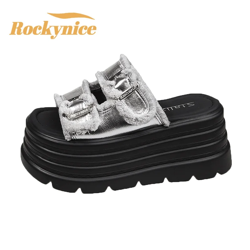 8CM Chunky Platform Leather Sandals Women Thick Bottom Wedge Slippers Female New Summer Non Slip Beach Shoes Woman Buckle Slides