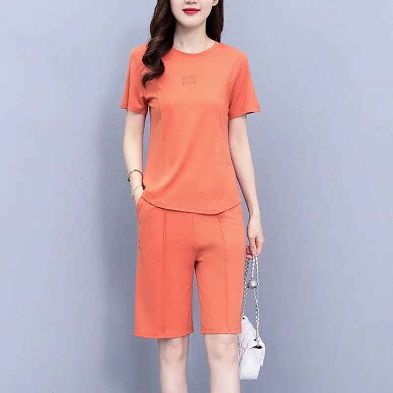 Women\'s Casual Suit 2024 Summer New Fashion Age Reducing Western-style Slim T-Shirt Crop Tops Knee Length Shorts 2 Two Piece Set