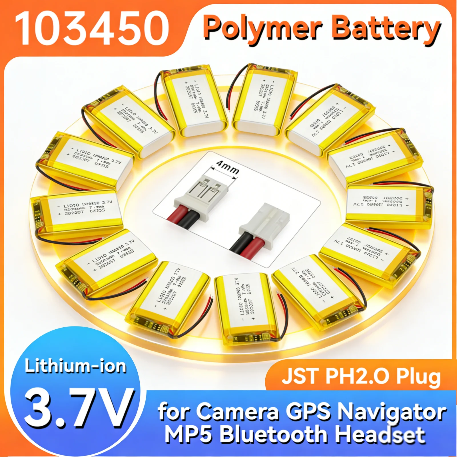 

103450 Polymer Lithium Battery 3.7V 2000mAh Rechargeable with JST PH2.0 Plug High Capacity for Camera GPS Navigator