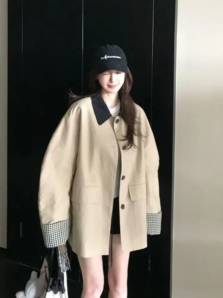 Jesienny płaszcz damski w stylu Y2K, koreański, szykowny, z wzorem w kratę, łączony, w stylu japońskim kawaii preppy, odzież damska.