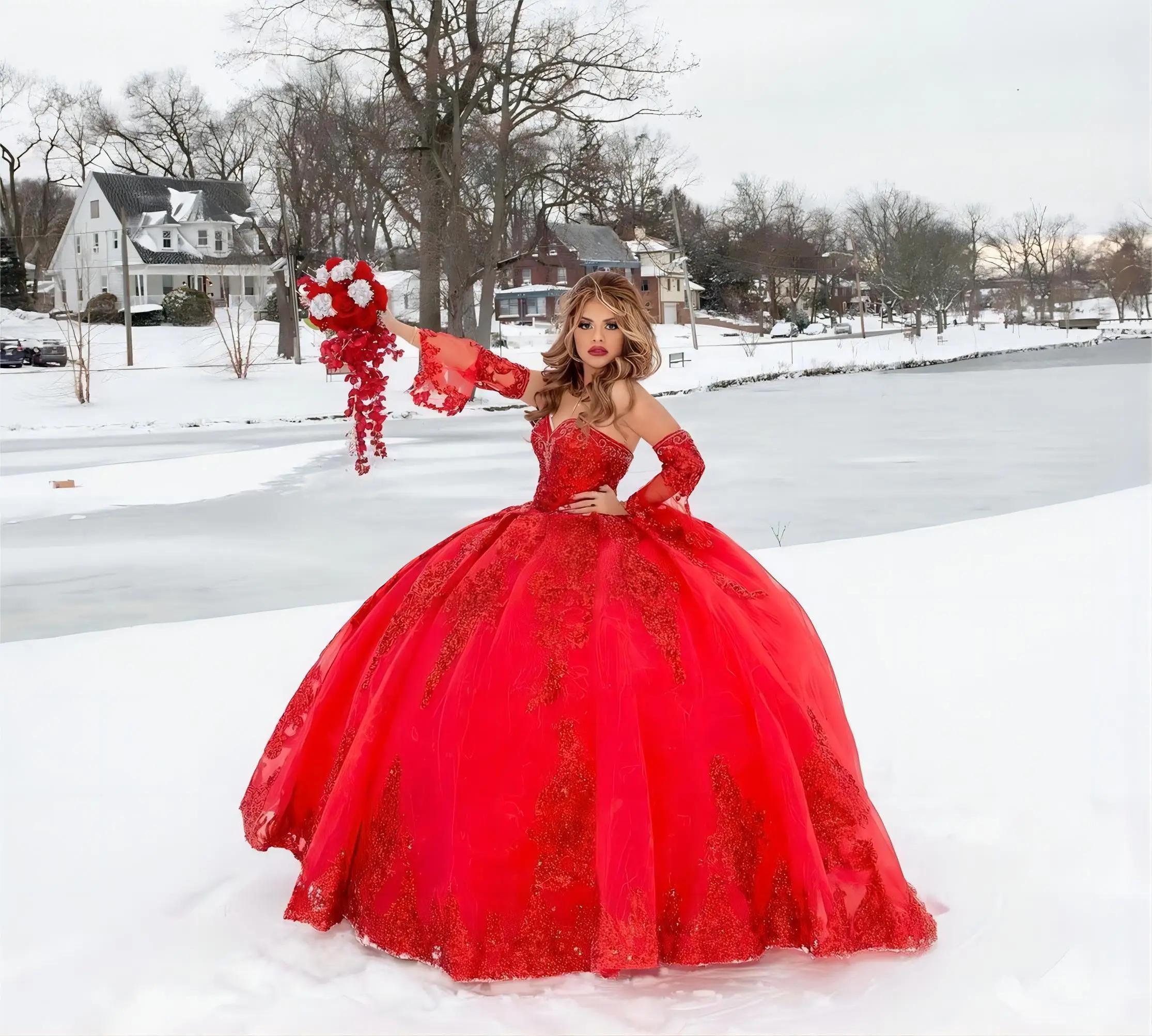 Sequined Corset Charro Sweetheart Quinceanera Dress Ruffles Ball Gown with Detachable Sleeves for Sweet 15 Years Old