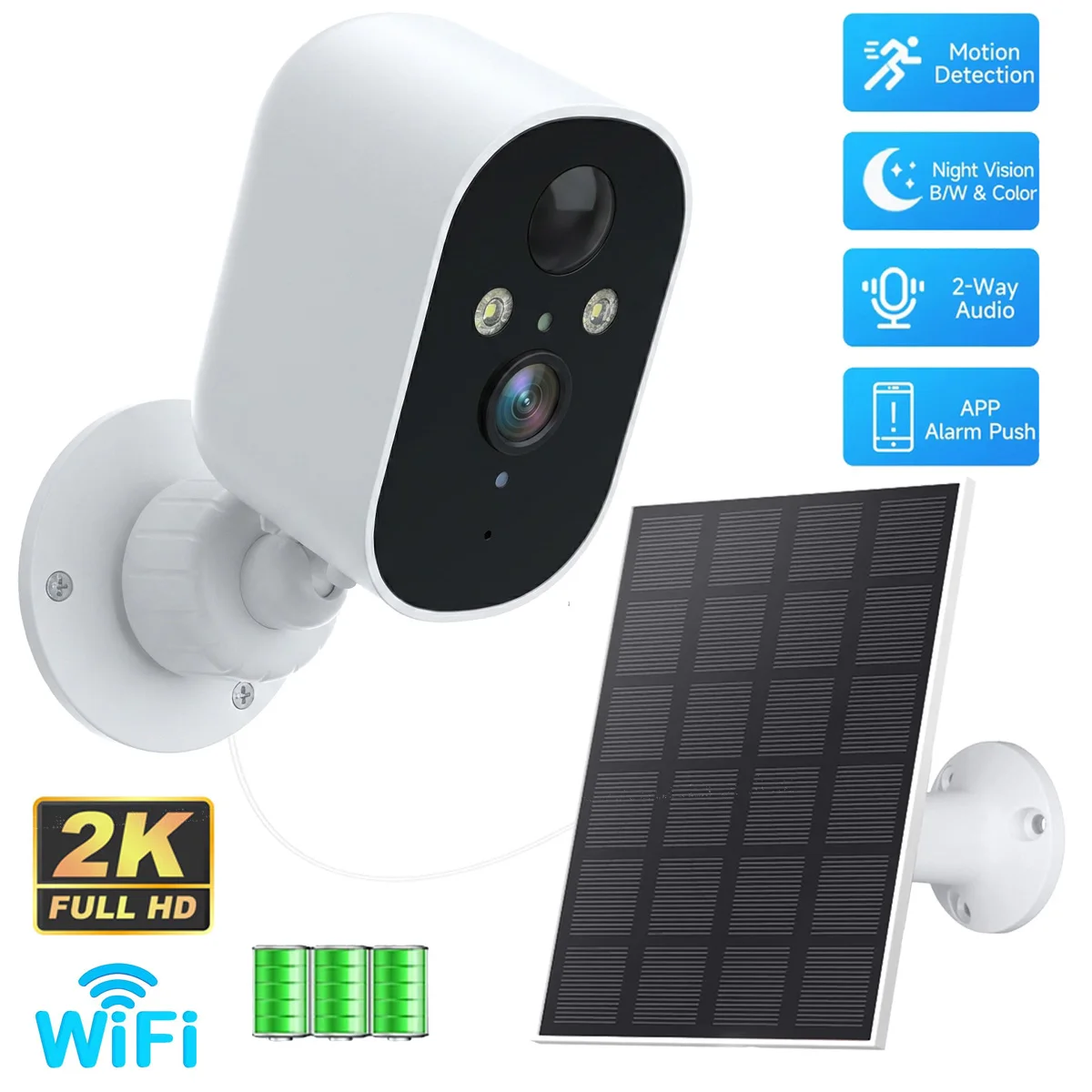 1080P Wireless Security Camera Outdoor 2K WiFi Solar Powered Battery Camera PIR Human Detection Two Way Audio Night Vision