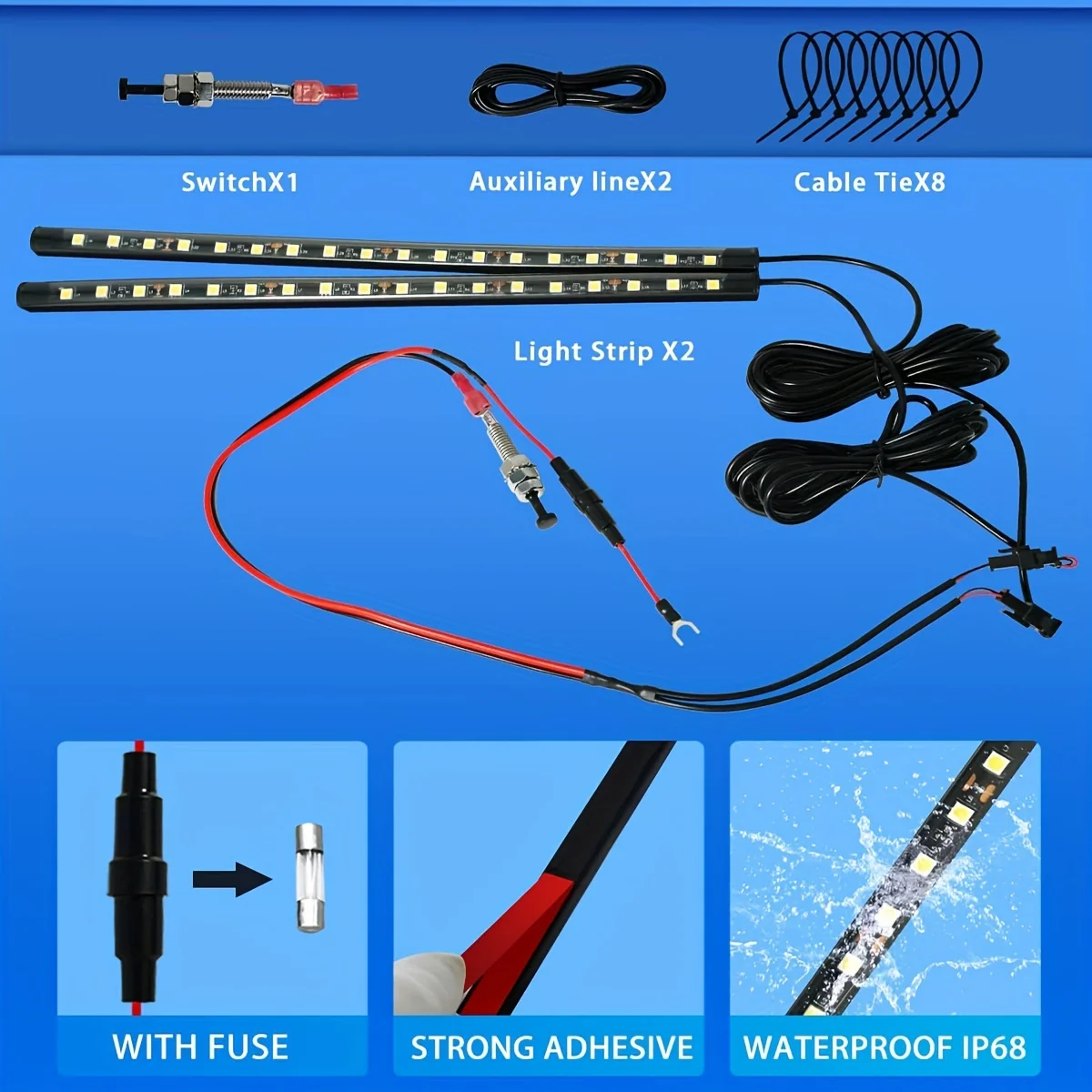 1set LED Car Under Hood Work Inspection Light Kit Waterproof 12V White LED Strip Lights Bars Car Hood Lights Fits Any Vehicle