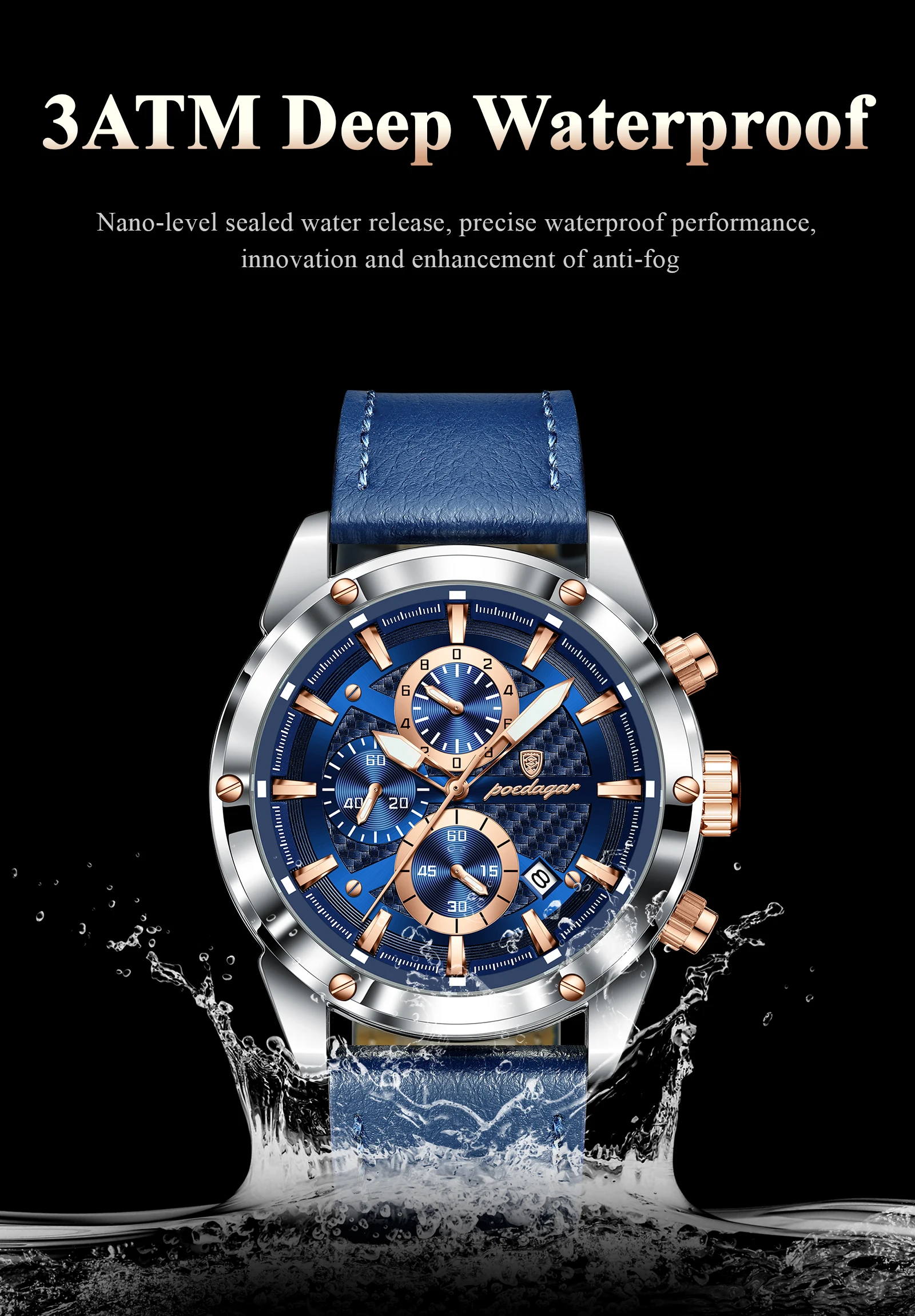 POEDAGAR Business-Mann-Uhr, wasserdicht, leuchtend, Chronograph, Datum, Original-Uhren für Herren, Leder, Luxus-Herren-Quarz-Armbanduhr – Detail 9