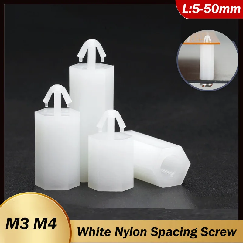 Hex Push-in Nylon Post Fixed Standoff Spacer Pillar M3 M4 White Nylon Spacing Screw For PCB Length:5-50mm