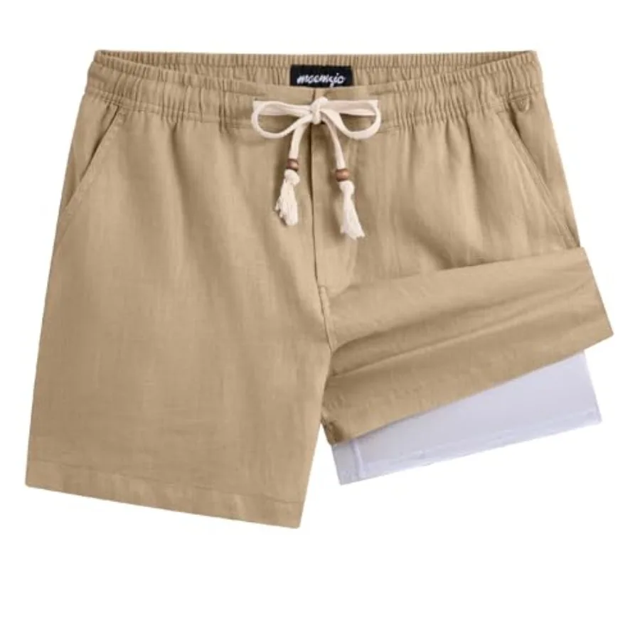 

maamgic Mens Casual Linen Shorts 5/7 Inch Elastic Waist Drawstring Summer 2 in 1 Beach Short with Pockets