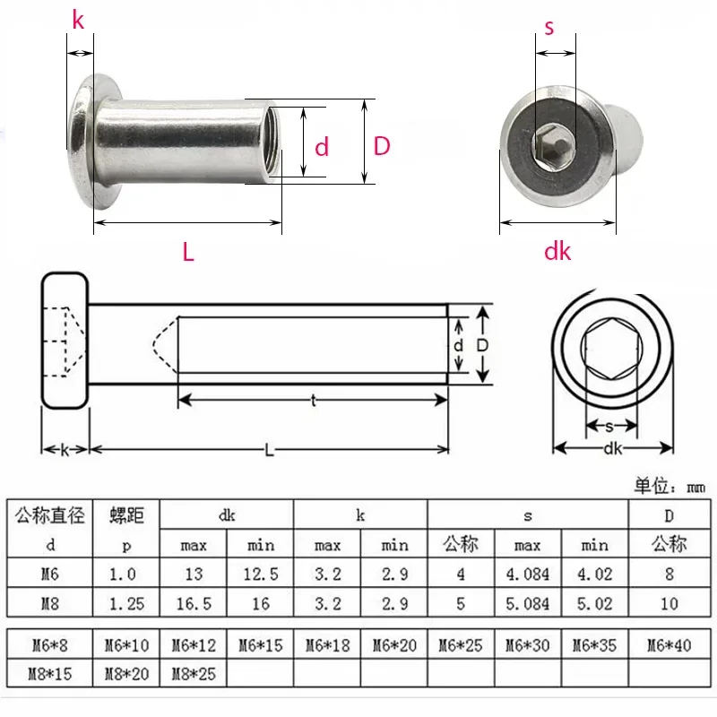 

10-20pcs M3 M4 304 Stainless Steel Large Flat Hex Socket Furniture Rivet Nut Connector Insert Joint Sleeve Cap Nut Screw