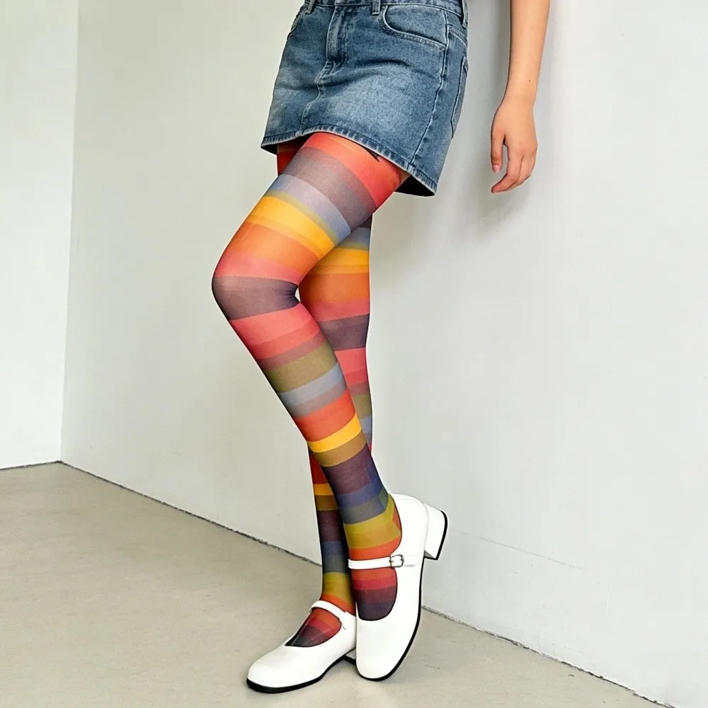 Personalized Seamless Rainbow Pantyhose Breathable Elastic Colorful Stripes Stockings Thin Slimming Gradient Color Tights Party